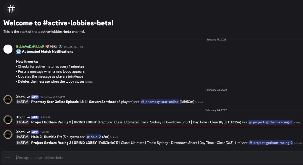 Active Lobbies Beta channel on Discord showing automated match notifications