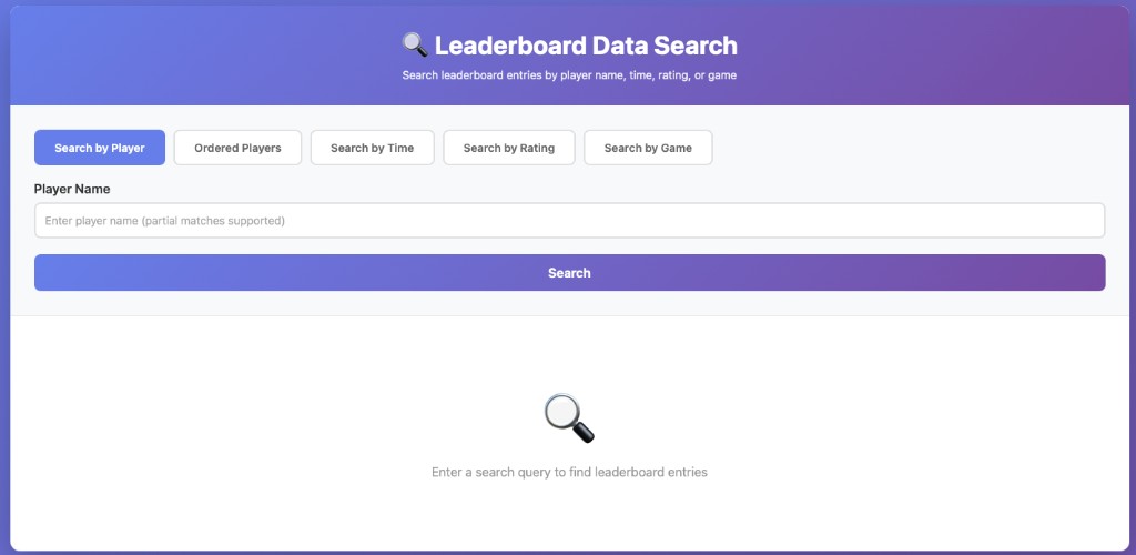 Leaderboard Data Search page with search by player, ordered players, time, rating, and game